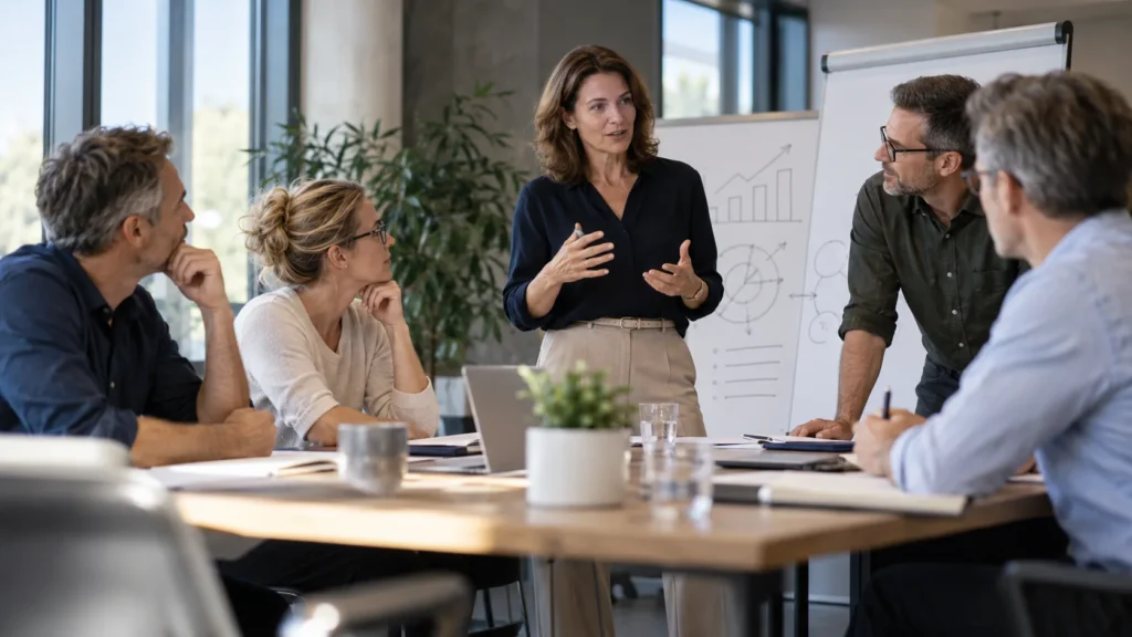Führungsteam entwickelt in einem hellen Büro gemeinsam Zukunftsideen und strategische Prioritäten am Flipchart.