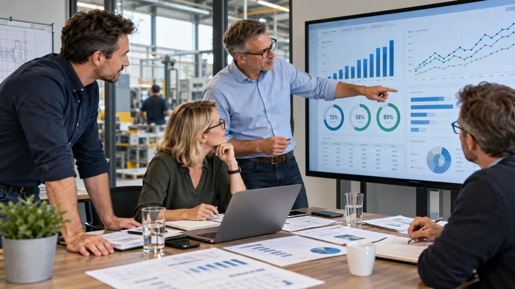 Entscheider eines mittelständischen Unternehmens analysieren gemeinsam betriebliche Kennzahlen und Dashboards – ohne formelle Businesskleidung.