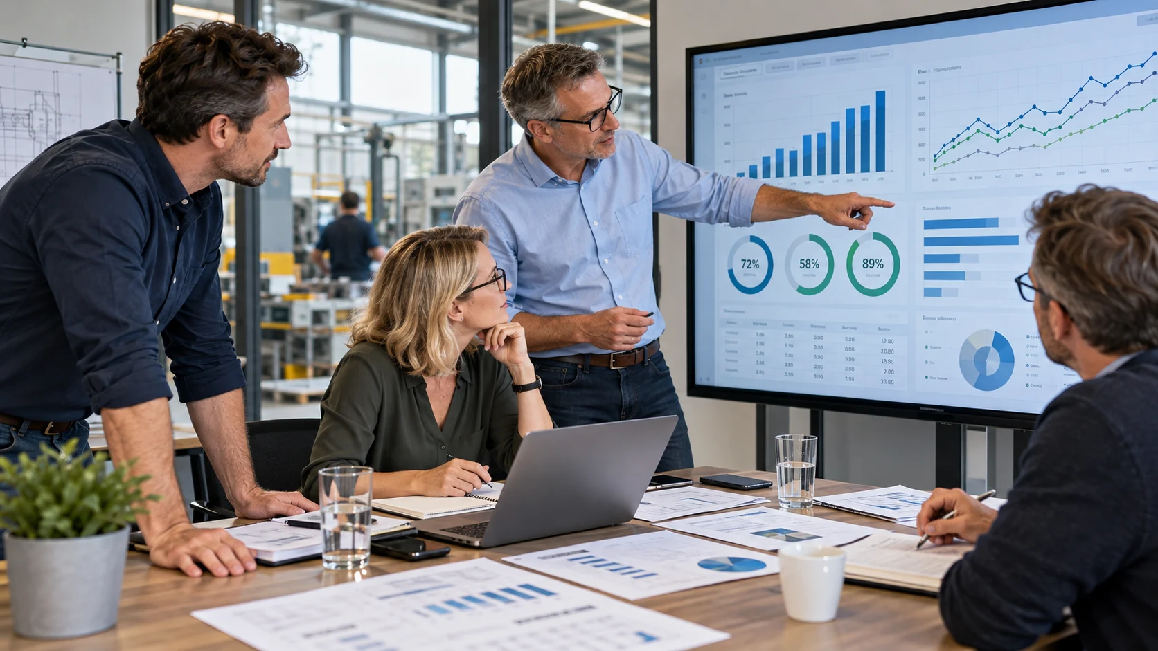 Entscheider eines mittelständischen Unternehmens analysieren gemeinsam betriebliche Kennzahlen und Dashboards – ohne formelle Businesskleidung.