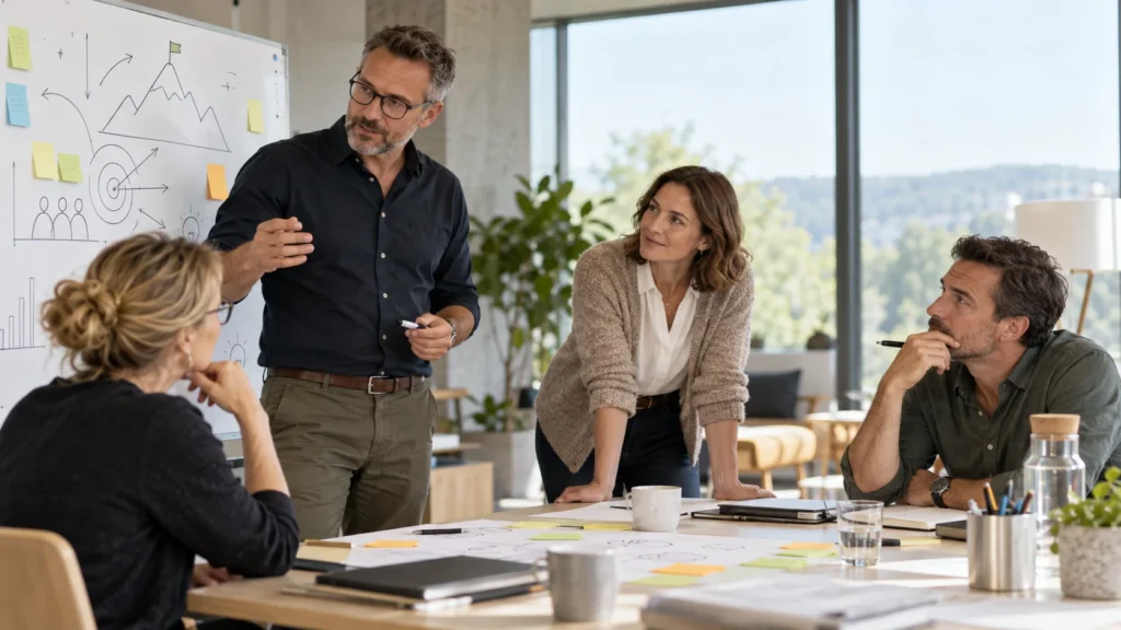 Führungskräfte tauschen sich im Workshop über Führungsaufgaben, gemeinsame Ziele und Zusammenarbeit aus.