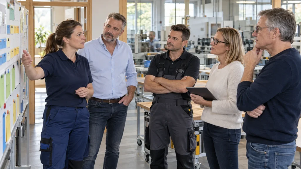 Mitarbeitende aus Produktion, Verwaltung und Führung besprechen Informationen an einer gemeinsamen Planungstafel.