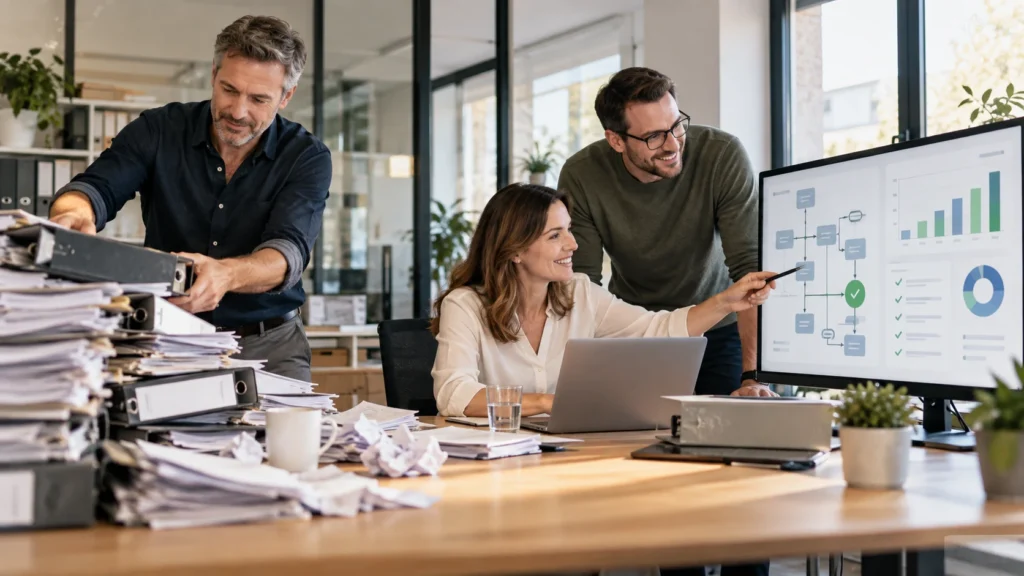 Mitarbeitende eines mittelständischen Unternehmens ordnen alte Akten und modernisieren kaufmännische Prozesse mithilfe eines digitalen Workflows.
