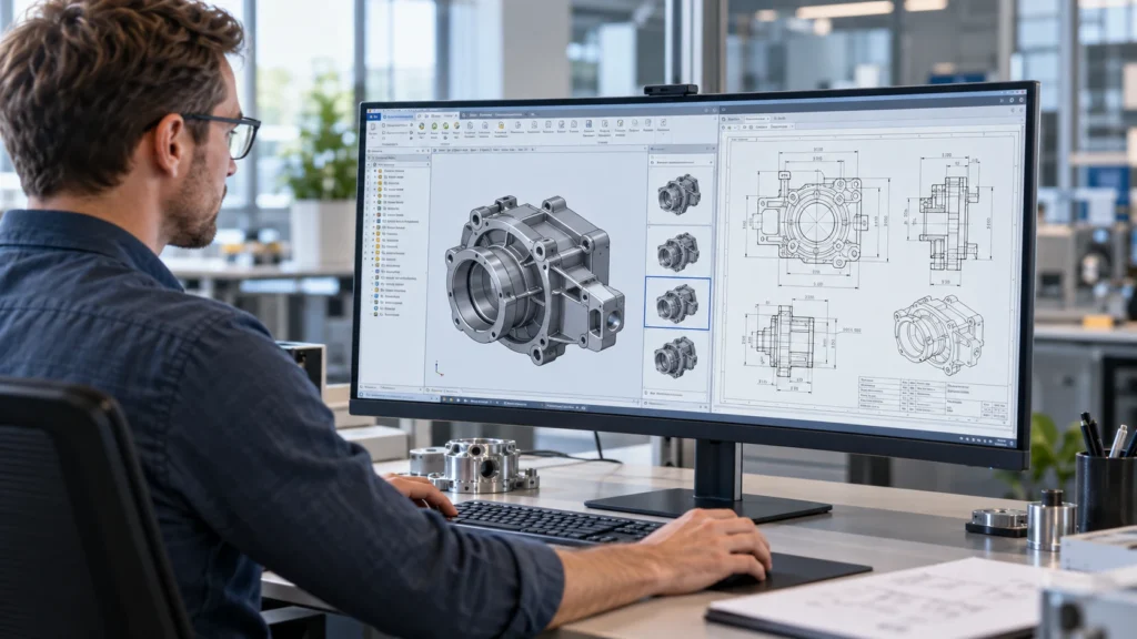 Konstrukteur an einem CAD-Arbeitsplatz mit dreidimensionalem Bauteilmodell und zugehöriger bemaßter technischer Zeichnung.