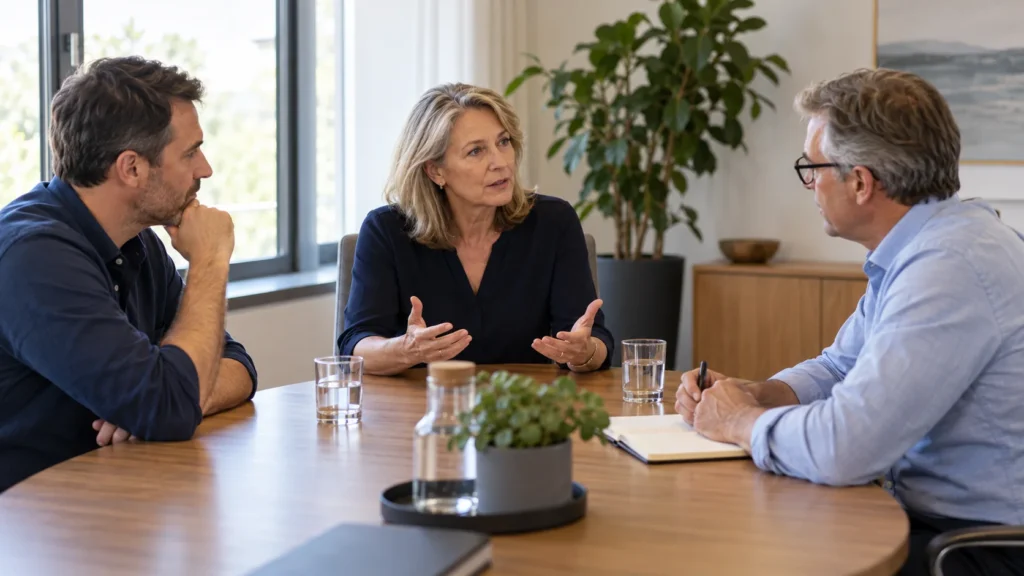 Eine Mediatorin begleitet zwei Führungskräfte bei der gemeinsamen Klärung eines Konflikts.
