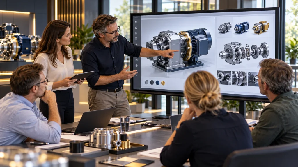 Mittelständisches Vertriebs- und Technikteam präsentiert Kunden eine realistische 3D-Visualisierung eines Industrieprodukts mit verschiedenen Produktvarianten.