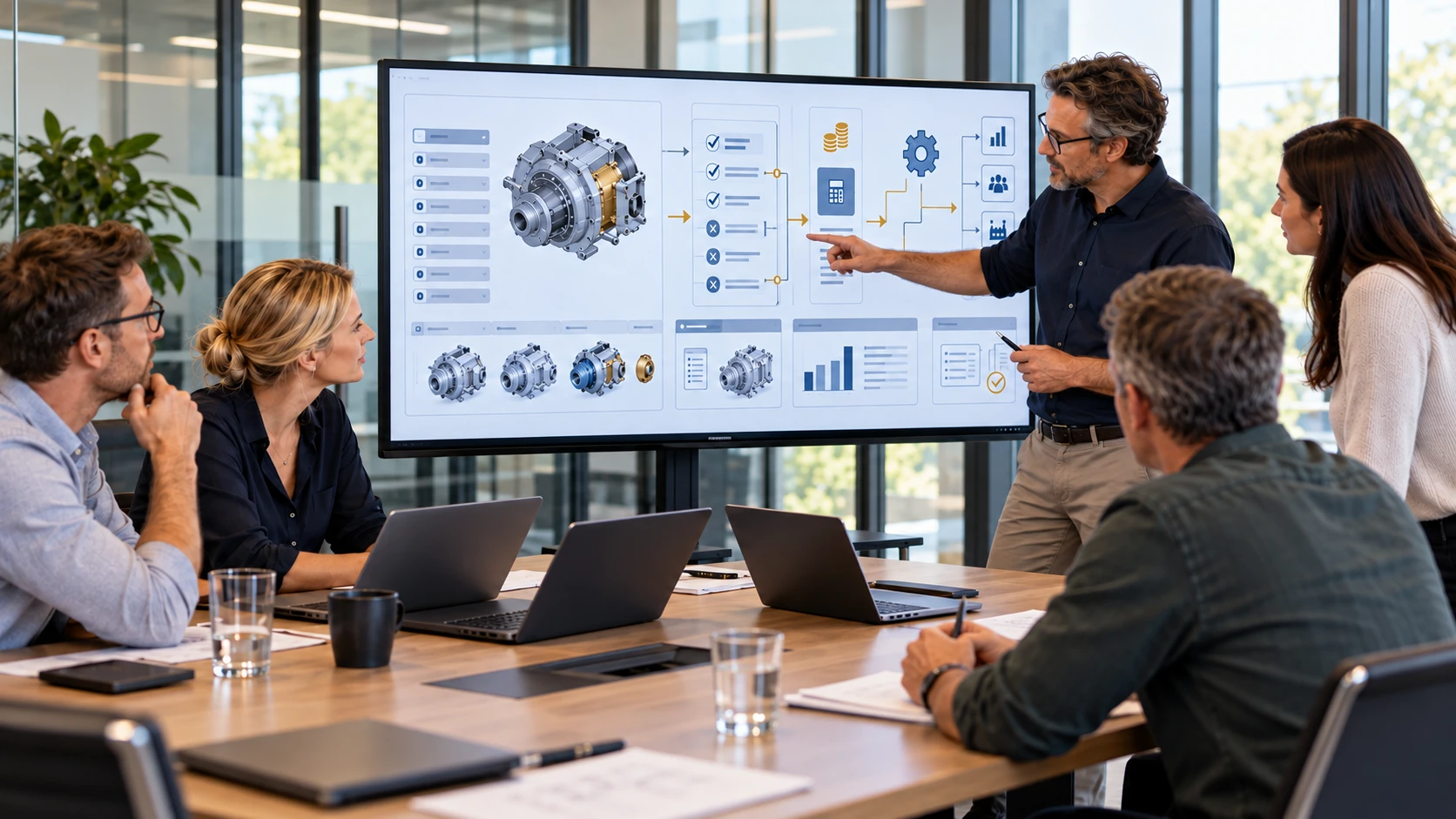 Geschäftsführung, Vertrieb und Technik eines mittelständischen Unternehmens prüfen gemeinsam Produktkonfiguration, Preisregeln und Abläufe im CPQ-System.