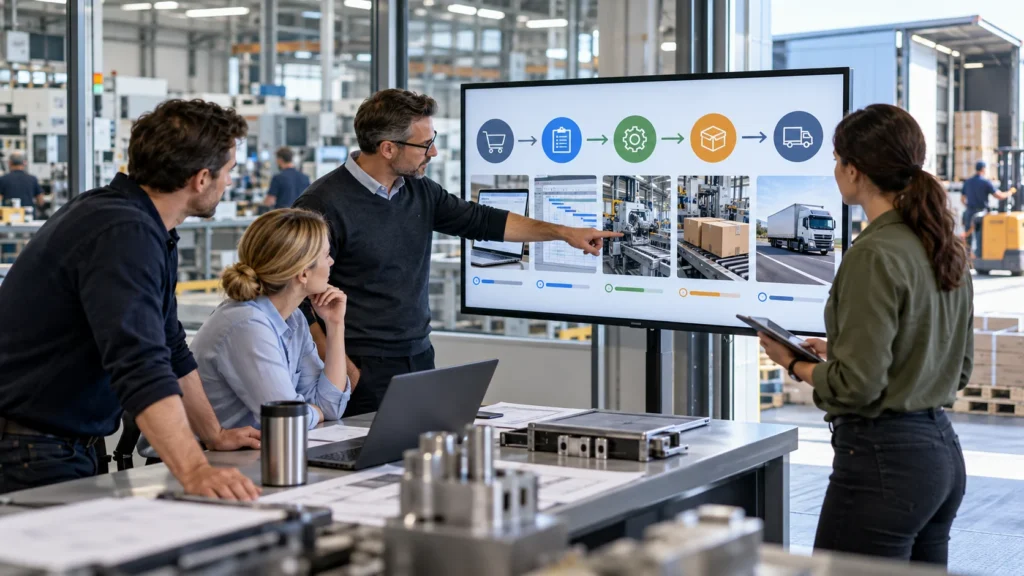 Team eines deutschen Industriebetriebs bespricht den abgestimmten Ablauf von Auftragseingang, Fertigung, Verpackung und Lieferung.