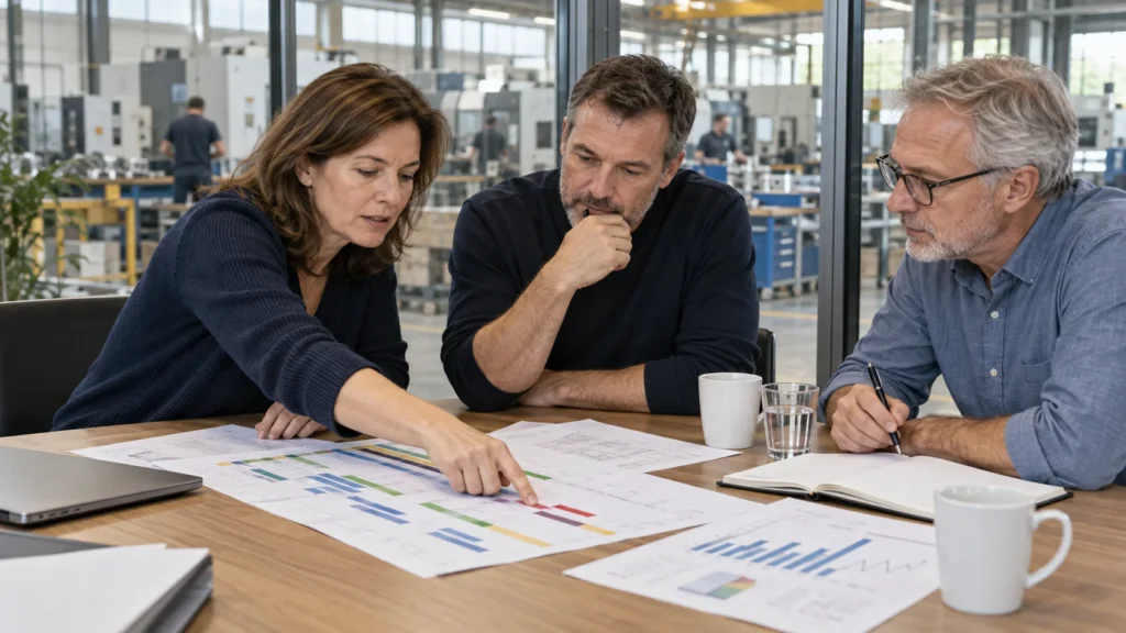 Unternehmerin, Betriebsleiter und Berater prüfen gemeinsam Produktionsplanung und Kennzahlen eines mittelständischen Betriebs.