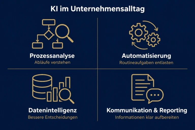 KI im Unternehmensalltag: Prozessanalyse, Automatisierung, Datenintelligenz sowie Kommunikation und Reporting.