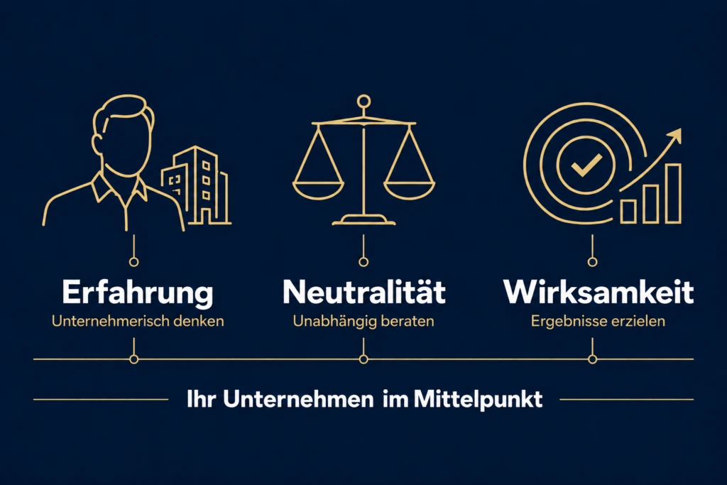Erfahrung: unternehmerisch denken. Neutralität: unabhängig beraten. Wirksamkeit: Ergebnisse erzielen. Ihr Unternehmen im Mittelpunkt.